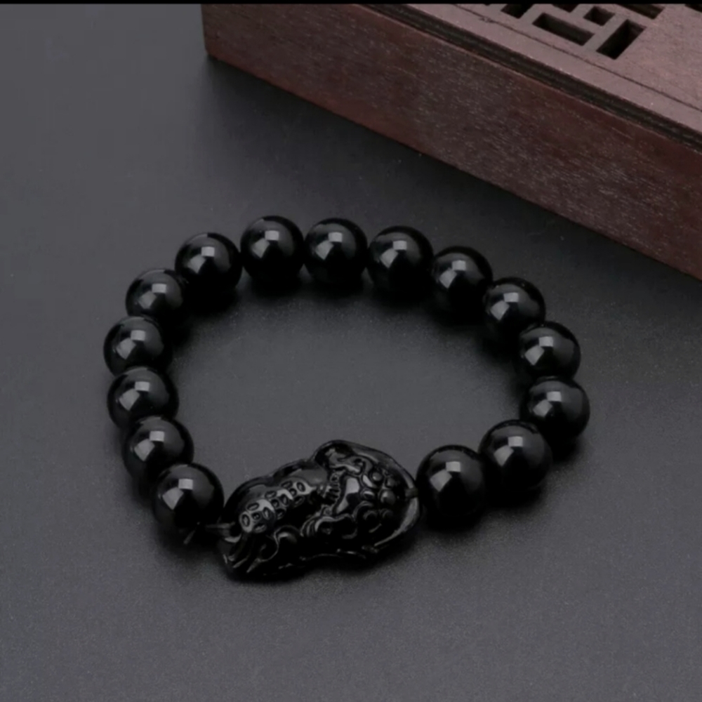Mens Attract Wealth Bracelet Black Obsidian Good Luck Bangle Men Gift New